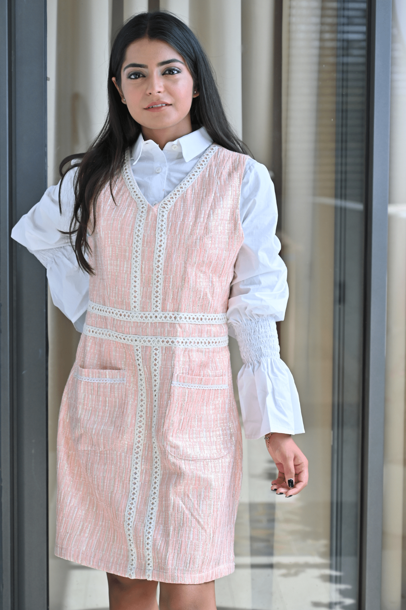 Pink Shimmer With White Cotton Dress