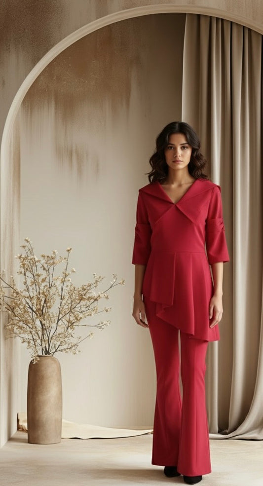 Red One Side Pleated Co-ord Set