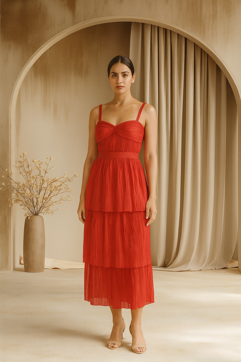 Red Pleated Layered Dress