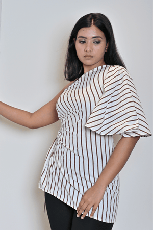 Brown Lines One Side Drape Top