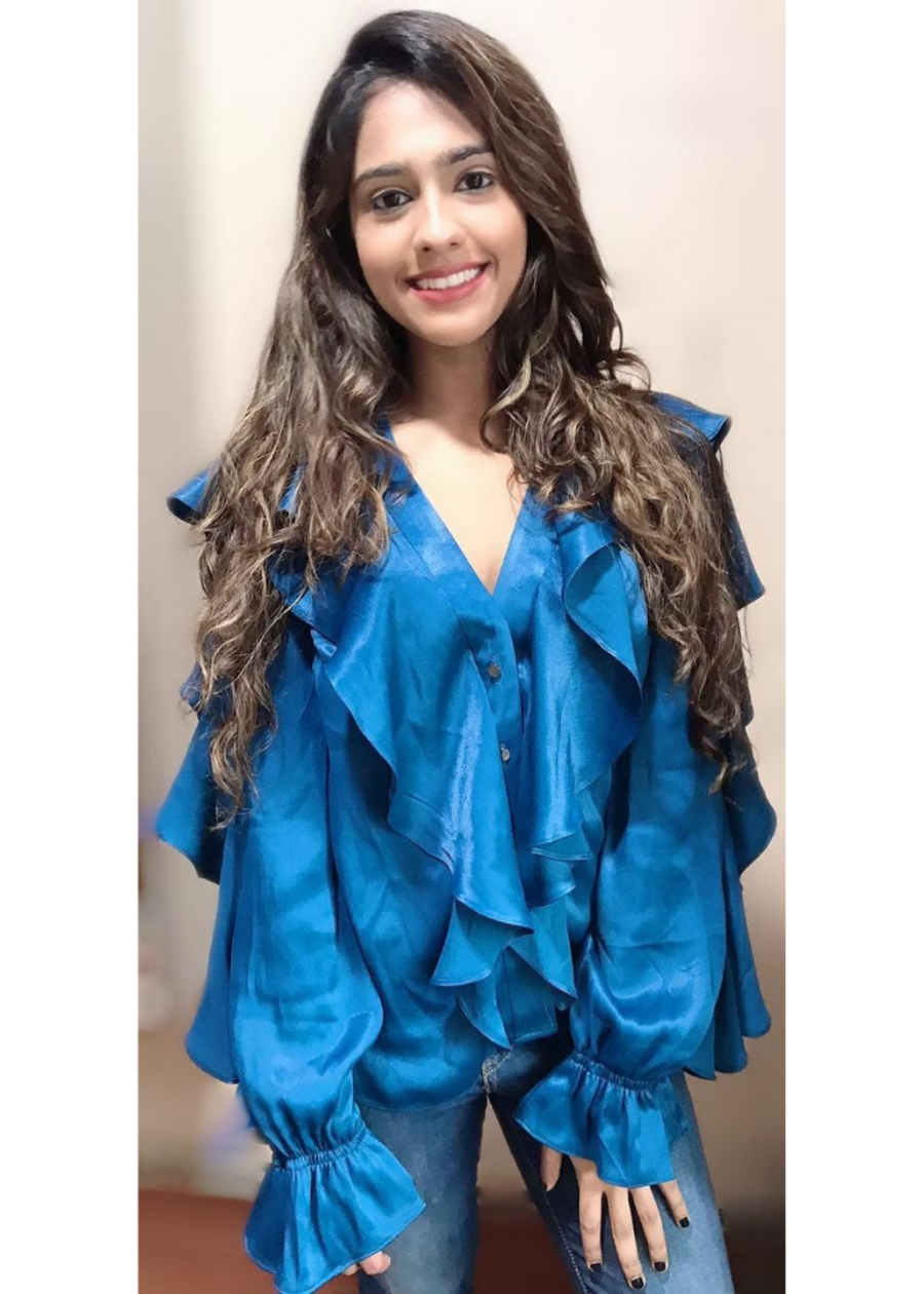 All Over Blue Ruffle Top