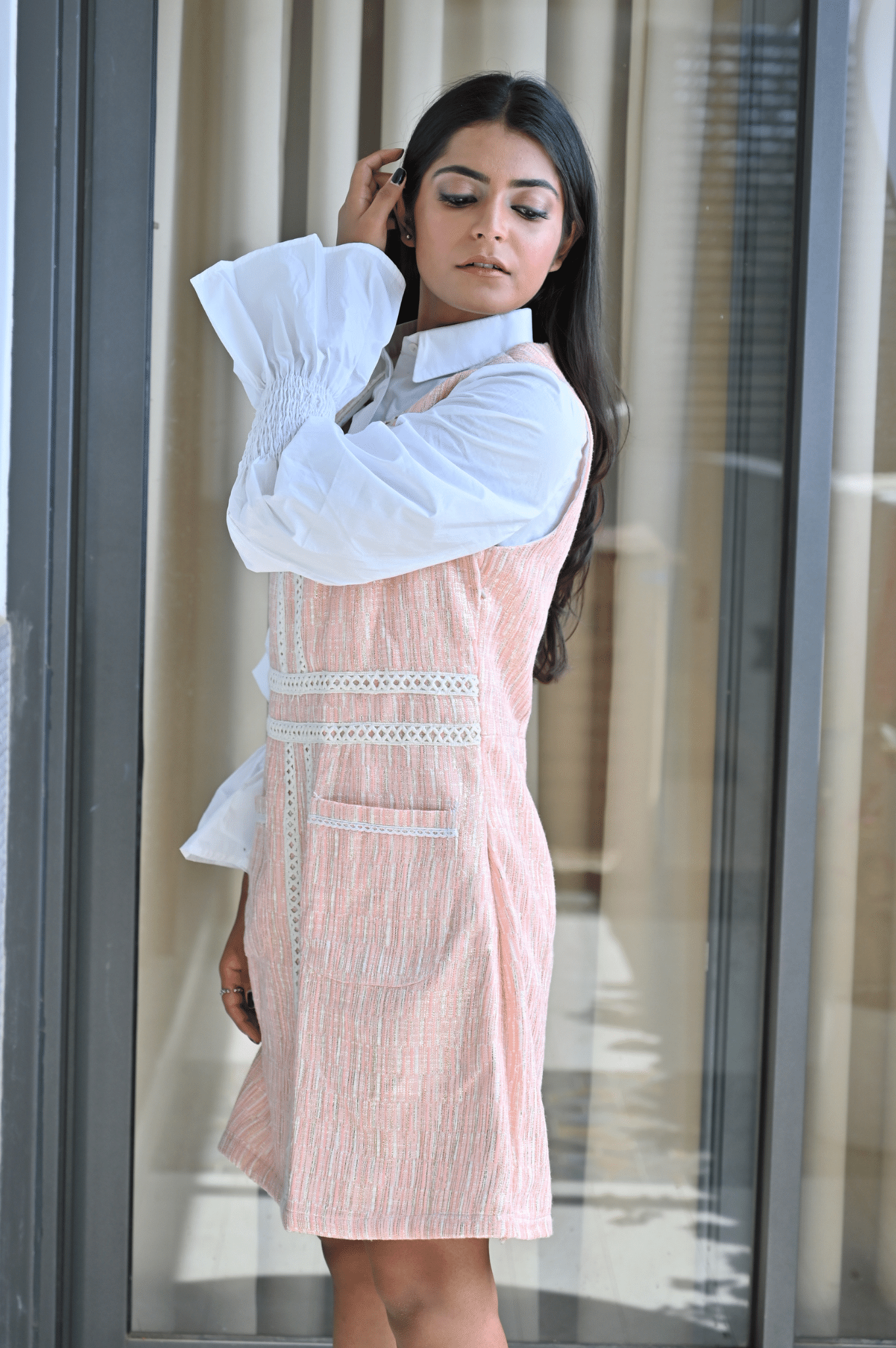 Pink Shimmer With White Cotton Dress