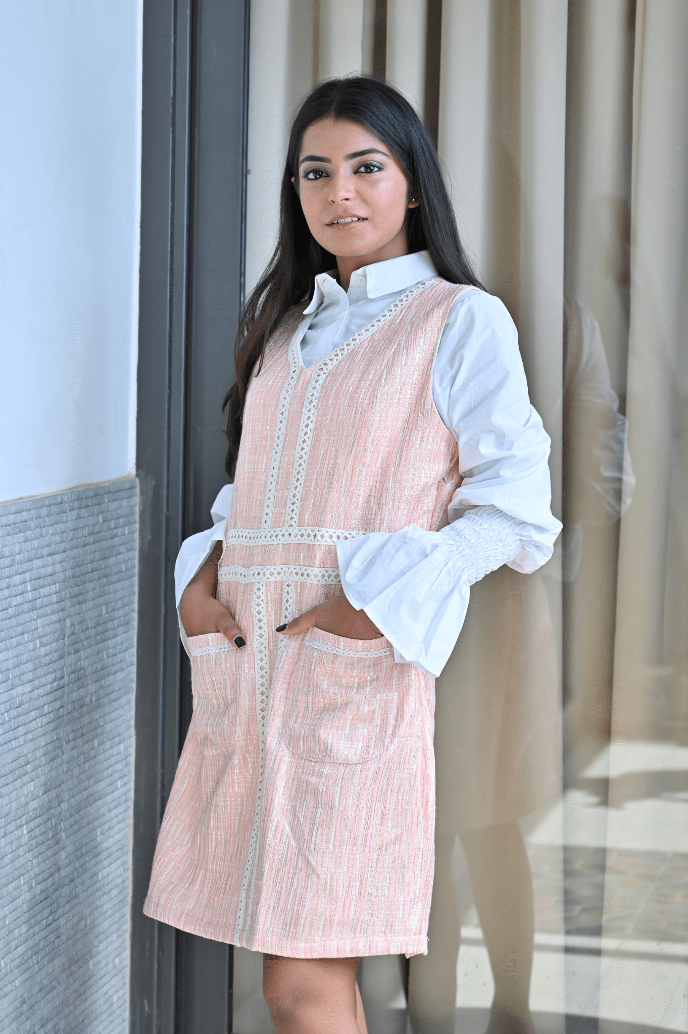 Pink Shimmer With White Cotton Dress