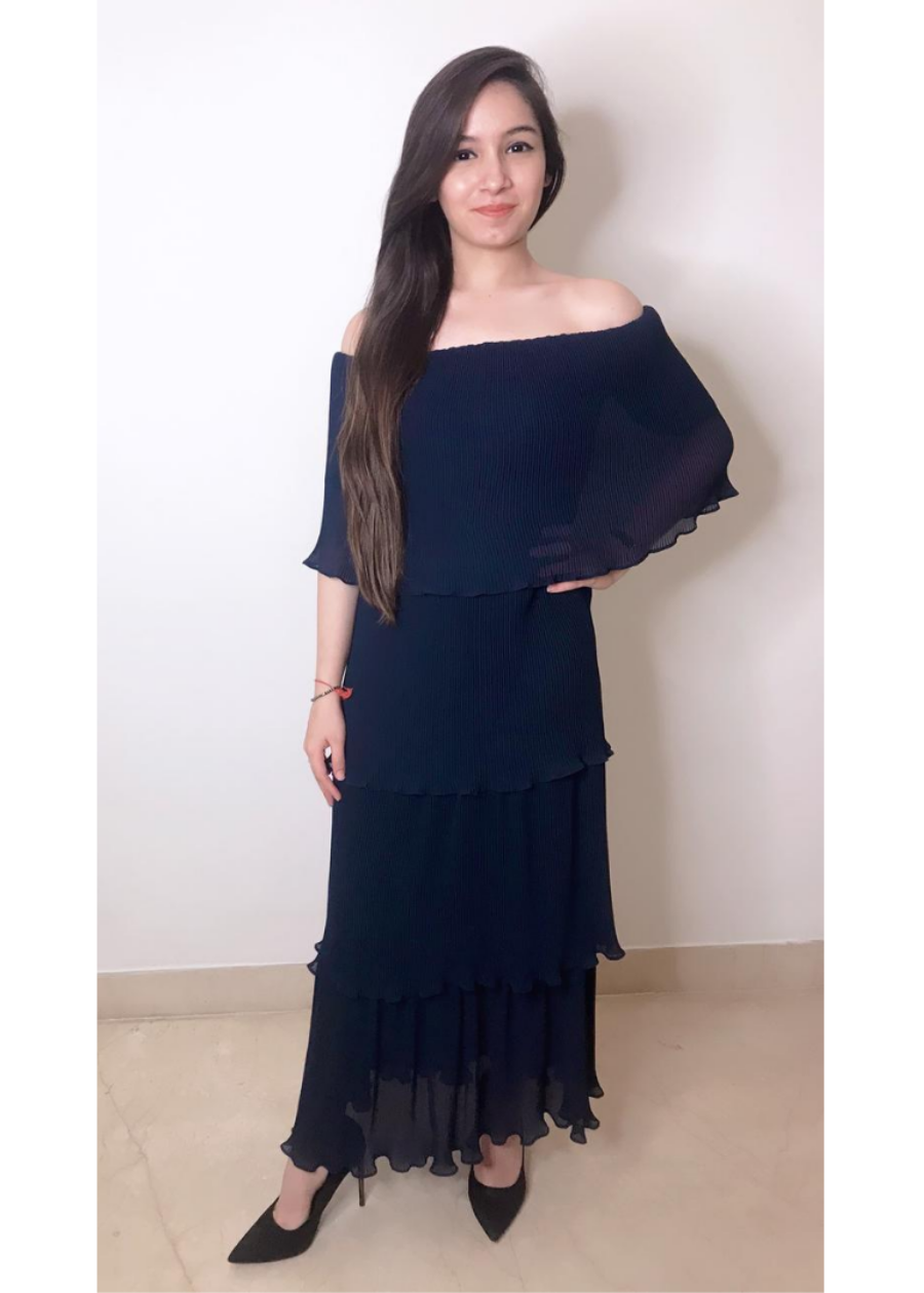 Off Shoulder Pleated Blue Dress