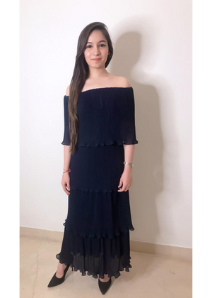 Off Shoulder Pleated Blue Dress