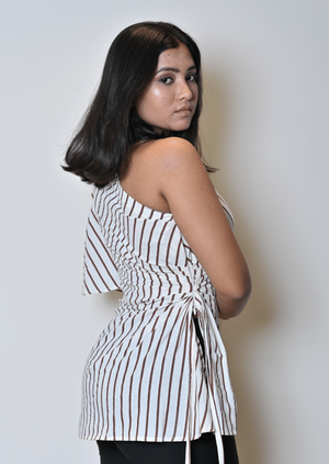 Brown Lines One Side Drape Top