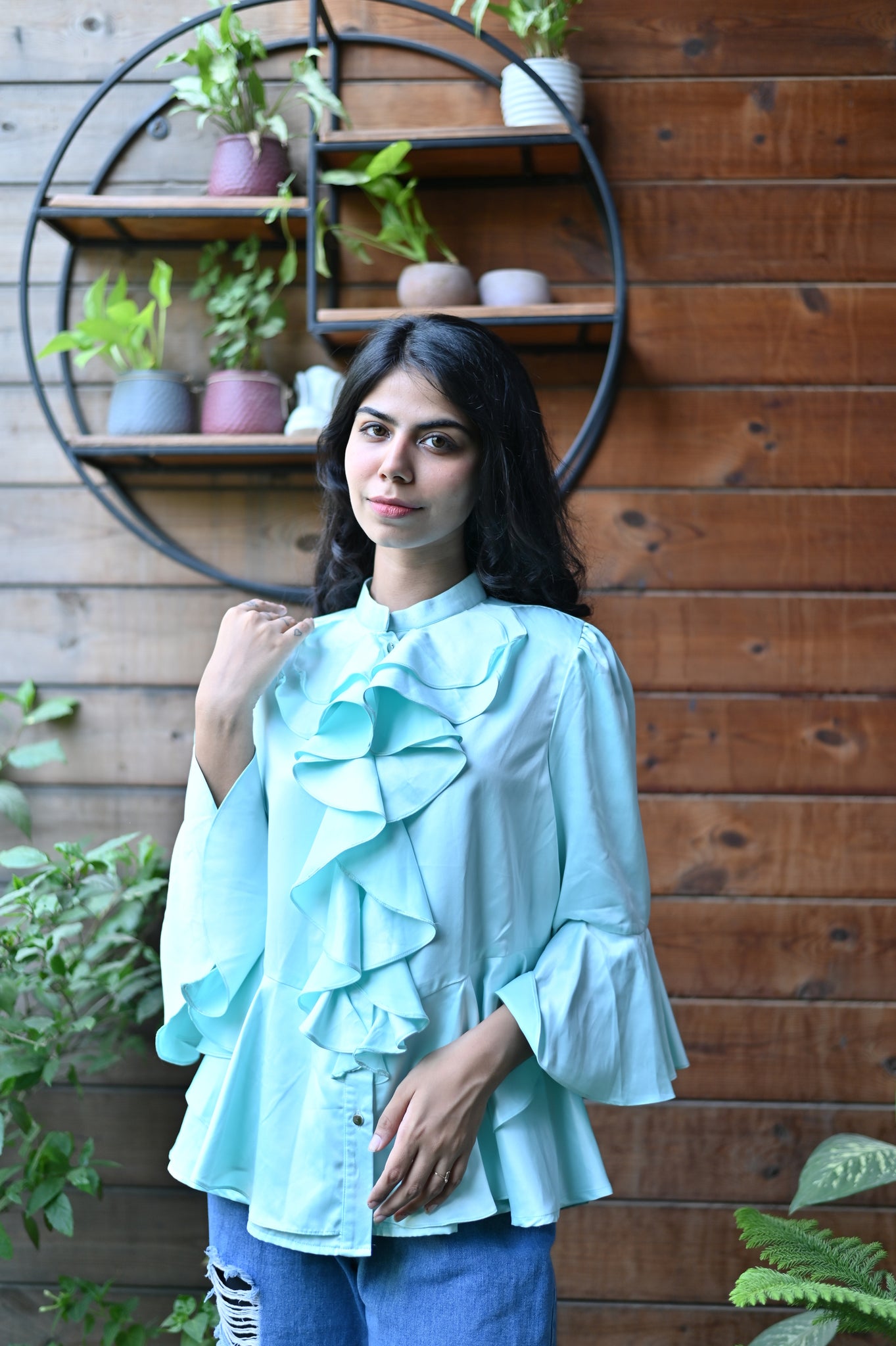 All Over Sky Blue Ruffle Top