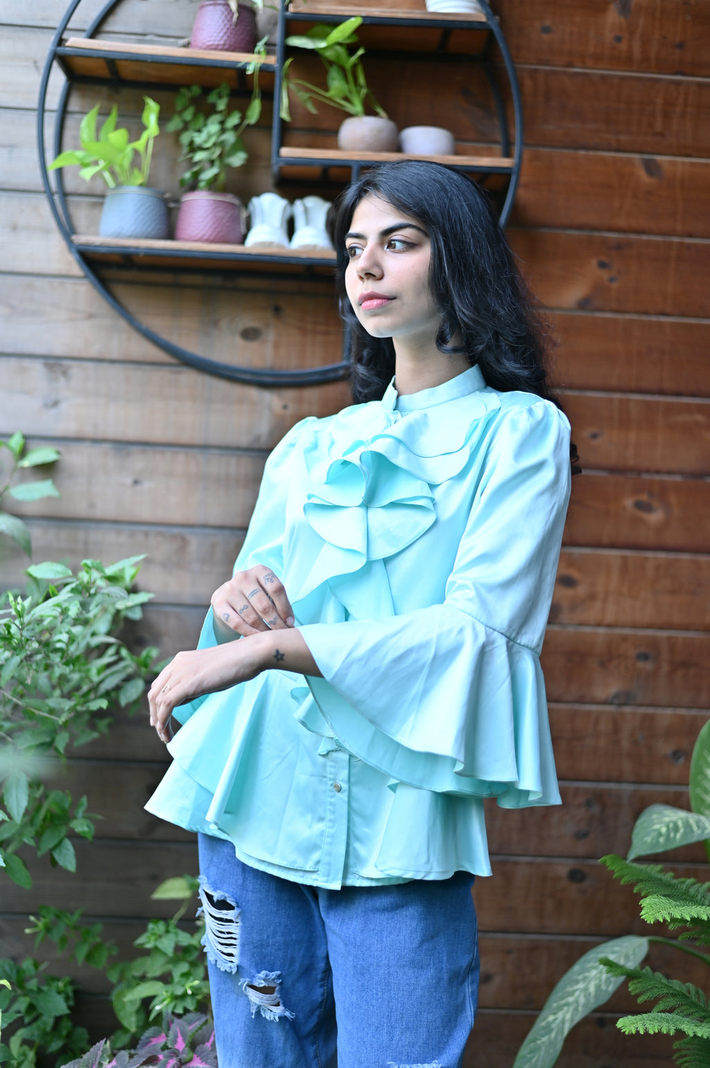 All Over Sky Blue Ruffle Top