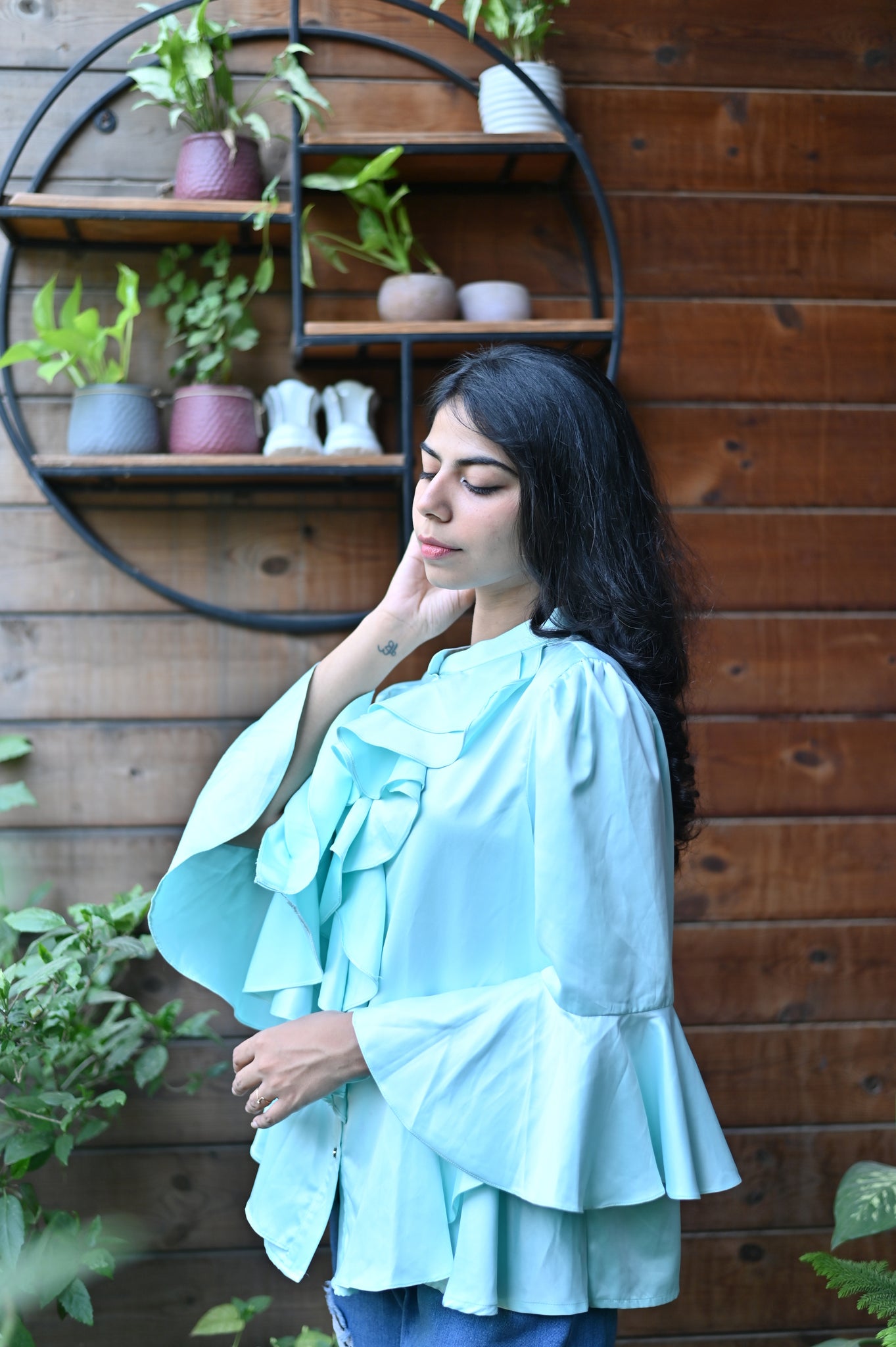 All Over Sky Blue Ruffle Top