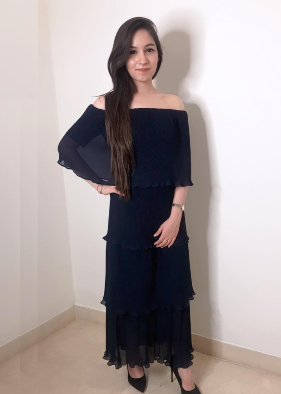 Off Shoulder Pleated Blue Dress