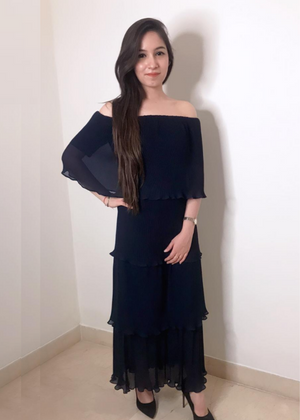 Off Shoulder Pleated Blue Dress
