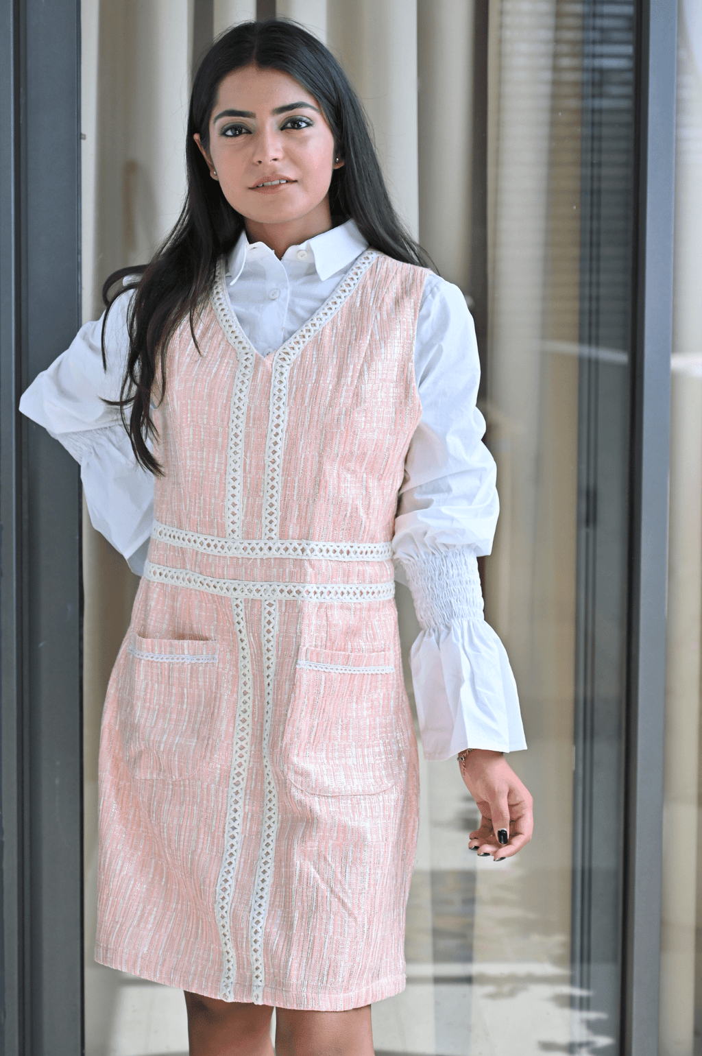 Pink Shimmer With White Cotton Dress